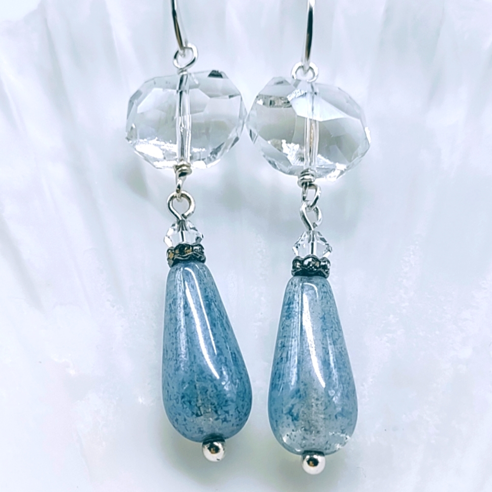 Sterling Silver Denim Czech Glass Teardrop Earrings